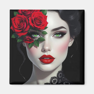 Aimant Belle Femme avec Rose Rouge