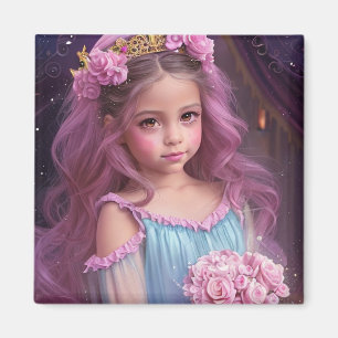 Aimant Belle Fille avec des Fleurs Roses dans les Cheveux