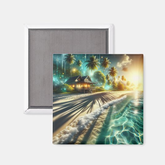 Aimant Belle maison de plage Sunset à thème (Recto/Verso)