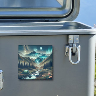 Aimant Belle scène de Camping avec Montagnes et Tente