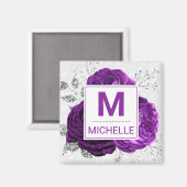 Aimant Belles fleurs de monogramme violet foncé et argent (Recto/Verso)