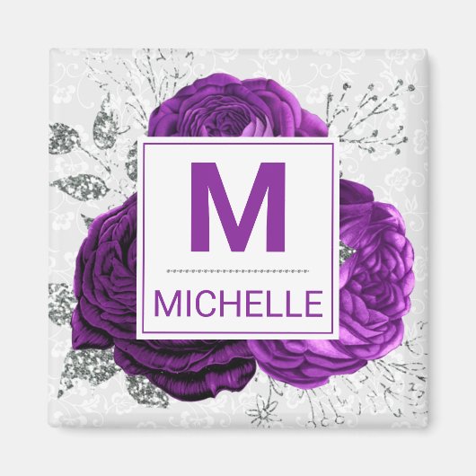 Aimant Belles fleurs de monogramme violet foncé et argent (Devant)