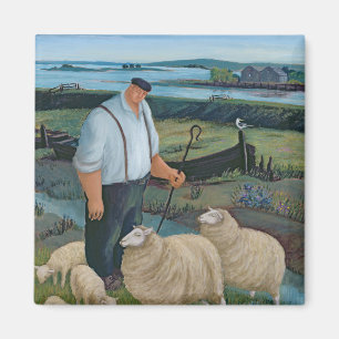 Aimant Berger avec des moutons dans le paysage de rivière