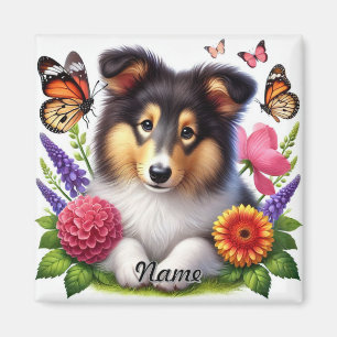 Aimant Berger des Shetland avec Fleurs et Papillons