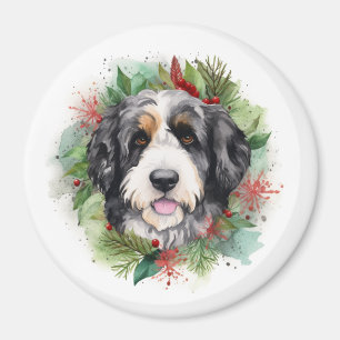 Aimant Bernedoodle Christmas Wreath Festive Pup