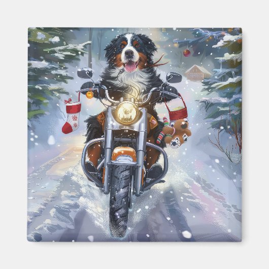 Aimant Bernese Mountain Dog en moto à Noël (Devant)