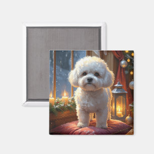Aimant Bichon Frisé avec lumières de Noël vacances