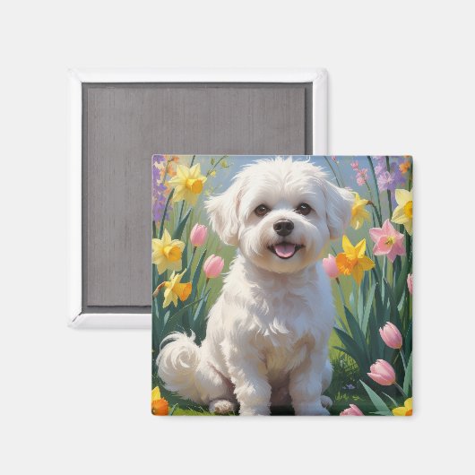Aimant Bichon Frise Chien Fleurs de printemps Peinture (Recto/Verso)