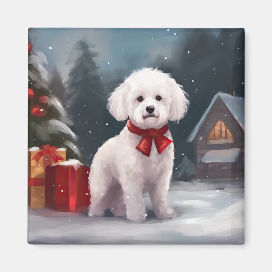 Aimant Bichon Frise Dog à Noël de neige (Devant)