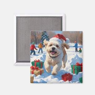 Aimant Bichon Frise Scène de Noël Festive dans la Neige
