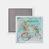 Aimant Bicycle with flower baskets on blue burlap (Recto/Verso)