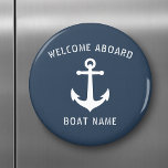 Aimant Bienvenue à bord Vintage Ancre nautique Nom du bat<br><div class="desc">Aimant frigo rond élégant avec "bienvenue à bord",  votre nom de bateau personnalisé ou autre texte et une ancre de bateau vintage personnalisée en blanc sur océan gris-bleu ou choisissez des couleurs arrière - plans pour correspondre à votre décor. Fait un grand cadeau unique.</div>