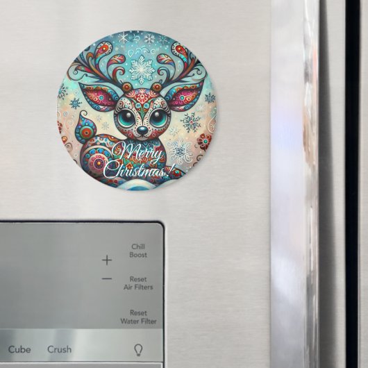 Aimant Big Eye Christmas Reindeer Folk Art Personalized (In situ (réfrigérateur))