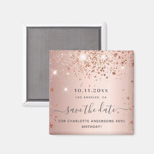 Aimant Birthday rose gold glitter save the date (Recto/Verso)