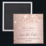 Aimant Birthday rose gold glitter save the date<br><div class="desc">A girly and trendy Save the Date magnet for a 40th (or any age) birthday party. A feminine pink, rose gold faux metallic looking background decorated with faux rose gold glitter dust. Personalize and add a date and name/age 40. Dark rose gold colored letters. The text: Save the Date is...</div>