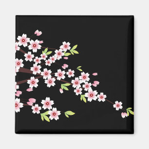 Aimant Black avec rose et vert cerisier en fleurs Sakura