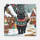 Aimant Black Cat Christmas Snow Holiday (Devant)