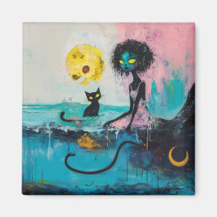 Aimant Black Cat Moon Ocean Rose Magique Witchy AI Art