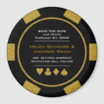 Aimant Black Gold Casino Poker Chip Wedding Enregistrer L<br><div class="desc">Éblouissez vos invités en leur envoyant ces jetons de poker de casino noir et or Magnet Réservez la date à placer sur leur réfrigérateur. Ils attendent avec impatience l'invitation officielle à ce mariage incontournable !</div>