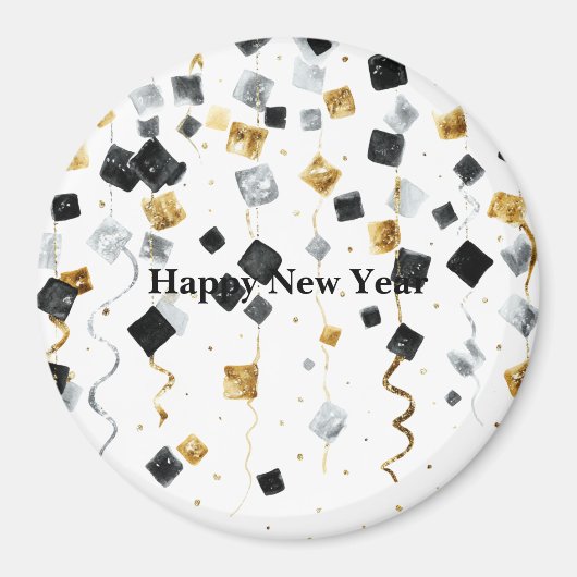 Aimant Black Gold Happy New Year Confetti (Devant)