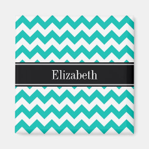 Aimant Blanc Chevron ZigZag Monogramme Nom Noir Sarcelle