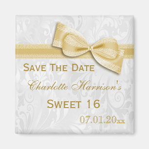 Aimant Blanc Damas & Faux Bow Sweet 16 Enregistrer La Dat