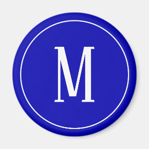 Aimant Blanc de monogramme sur l'aimant rond de bleu