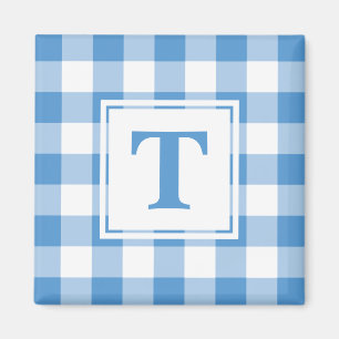 Aimant Bleu clair et blanc Motif à plaid avec monogramme