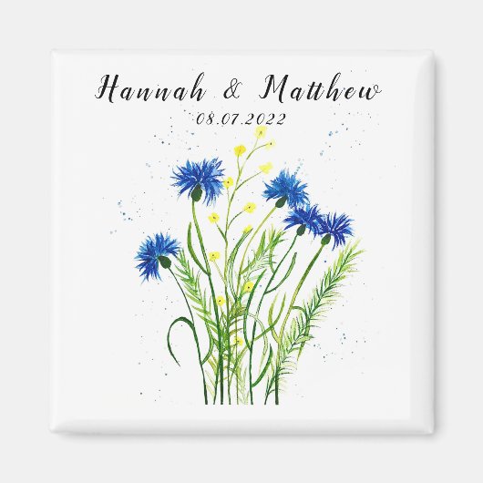 Aimant Bleu cornflowers aquarelle fleurie joli Mariage (Devant)