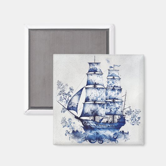 Aimant Bleu et blanc Delft voilier en mer (Recto/Verso)