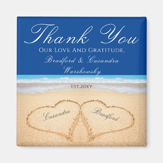 Aimant Bleu foncé Plage Mariage 2 Coeurs dans le sable (Devant)