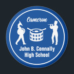 Aimant Bleu High School Marching Band Personnalisé<br><div class="desc">Ce cool customisé royal blue high school marching band magnétique présente la typographie blanche de votre nom de joueur sous les tambours. Un grand cadeau étudiant musicien pour les parents.</div>