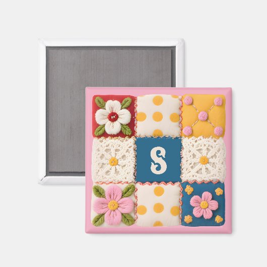 Aimant Bloc de courtepoint Monogramme Broderie et Fleurs (Recto/Verso)