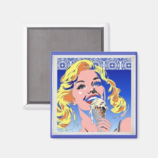Aimant Blonde mangeant une glace dans le style Pop Art co (Recto/Verso)