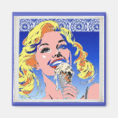 Aimant Blonde mangeant une glace dans le style Pop Art co (Devant)