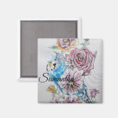 Aimant Blue Budgie Budgies Rose Fleur fleurie (Recto/Verso)