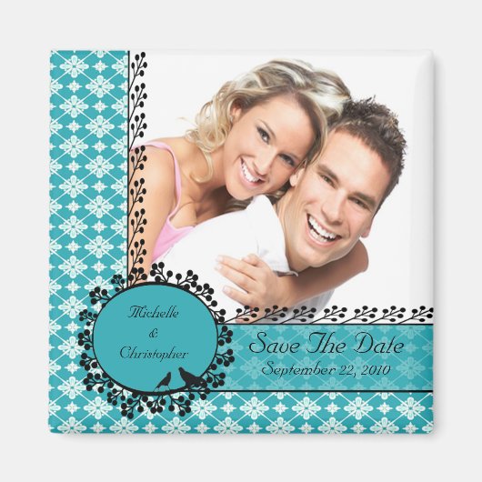 Aimant Blue Damask Inséparables Photo Save The Date Magne (Devant)