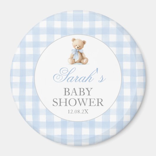 Aimant Blue Gingham Bear Baby Shower (Devant)