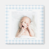 Aimant Blue Gingham Check Baby Birthdate (Devant)
