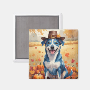 Aimant Blue Heeler dans l'art de Thanksgiving aux feuille