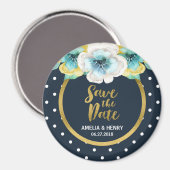 Aimant Blue Polka Dot, Faux Gold Floral Enregistrer la da (Recto/Verso)