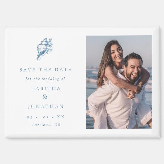 Aimant Blue Seashell Photo Coastal Wedding Save the Date (Recto)