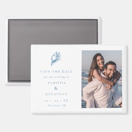 Aimant Blue Seashell Photo Coastal Wedding Save the Date (Recto/Verso)