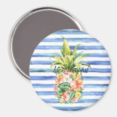 Aimant Blue White Stripes Tropical Floral Pineapple (Recto/Verso)