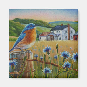 Aimant Bluebird Cornflower Été Ferme d'été Aquarelle 