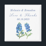 Aimant Bluebonnets Floral Blue Mariage Merci<br><div class="desc">Bluebonnets,  bleu aquarelle Mariage Merci magnets. Les fleurs de l'état du Texas. Oeuvre unique peinte à la main par l'artiste Monika Howarth. Vous pouvez le personnaliser avec vos détails.</div>