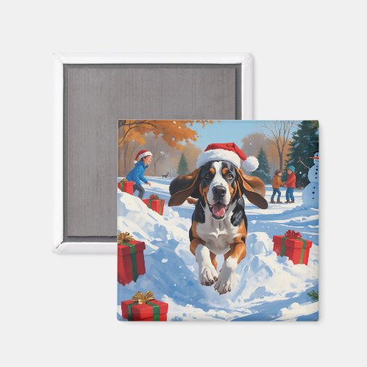 Aimant Bluetick Coonhound Noël Festive Scène de neige (Recto/Verso)