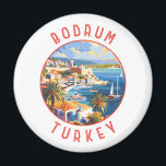 Aimant Bodrum Turquie cercles désorganisés rétrogrades<br><div class="desc">Bodrum conception de déplacement vectoriel rétro. Bodrum est une ville de la péninsule de Bodrum,  qui s'étend de la côte sud-ouest de la Turquie à la mer Égée. La ville dispose de baies jumelles avec vue sur le château de Bodrum.</div>