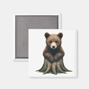 Aimant Boeuf d'ours adorable assis sur la souche d'arbre