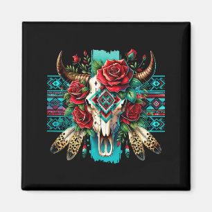 Aimant Boho floral crâne de taureau roses aztèque cowgirl